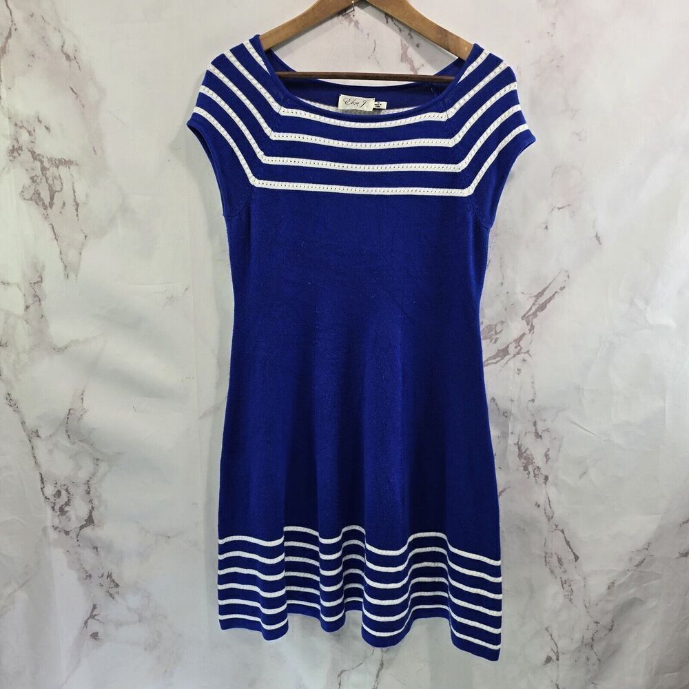 Eliza J Dress Womens Medium Petite Blue White Sweater Striped Short Sleeve